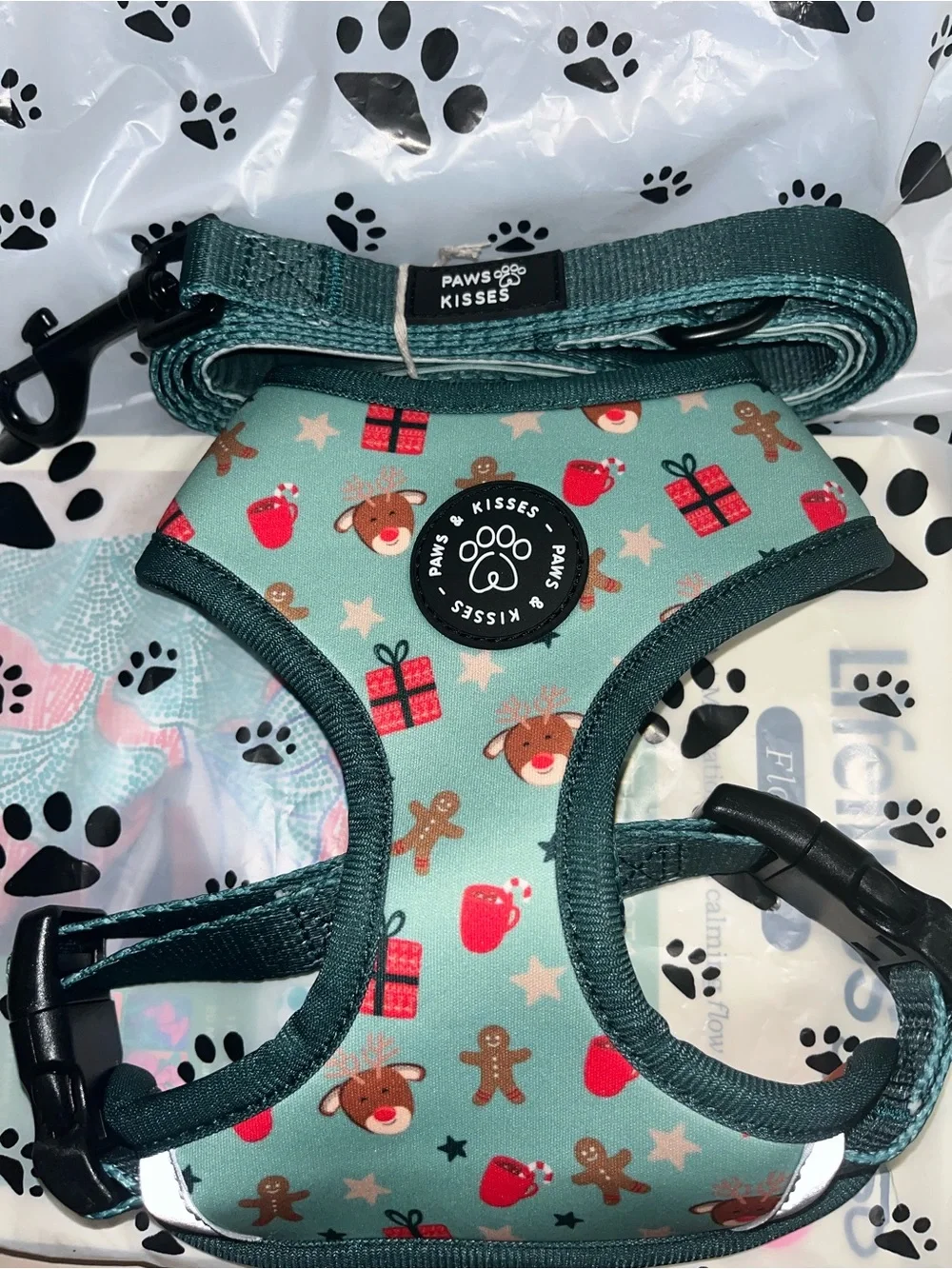 Teal/ Forest Green/ Orange double sided Winter/ Fall Dog Harness